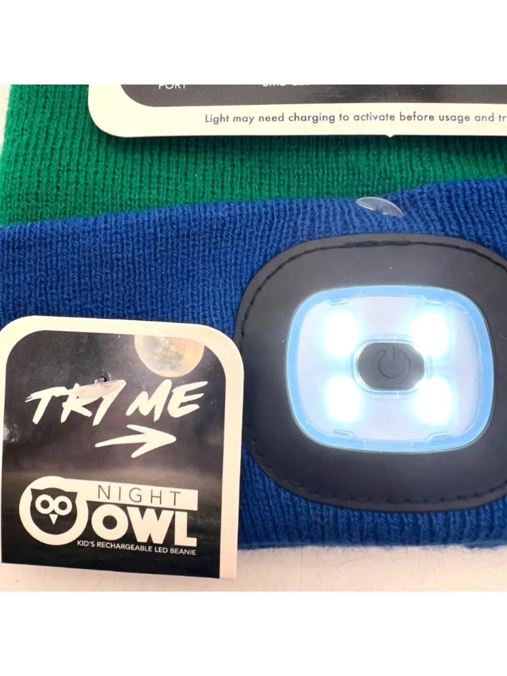 Night Owl Kids Rechargeable LED Beanie Hat Green & Blue With USB Charging Port